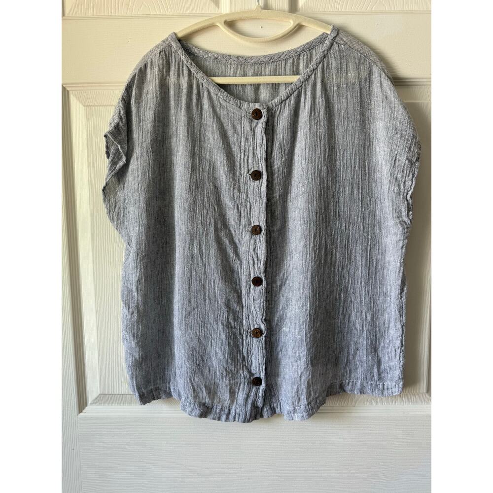 Linen Gauze Button Front Top Gray Boxy Oversized XL Resort Coastal Minimalist